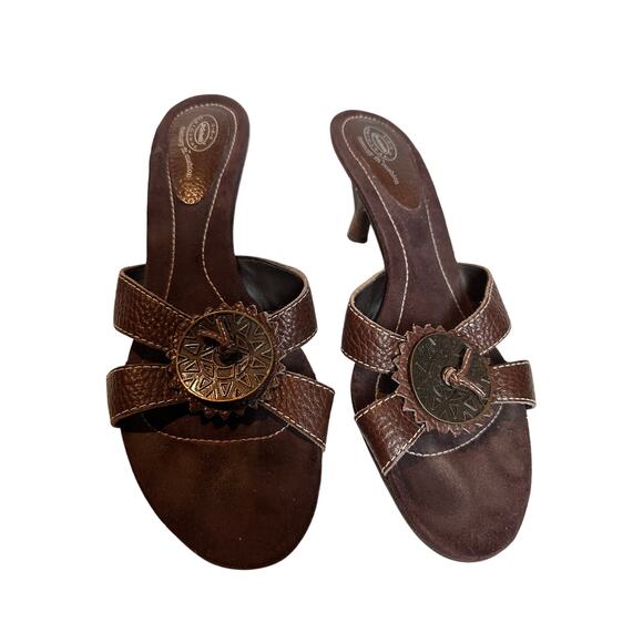 Dr. Scholl's Size 9 Brown Aztec Leather Kitten Heel Boho Sandals Vacation FLAWED - Picture 2 of 12